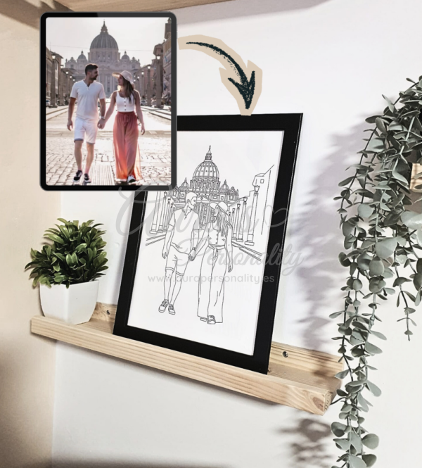 Ejemplo de transformación de fotografía real a ilustración digital lineal personalizada de pareja para regalo enmarcado.