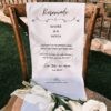 Cubre silla reservado boda personalizado en memoria de madre de la novia con frase y flores.
